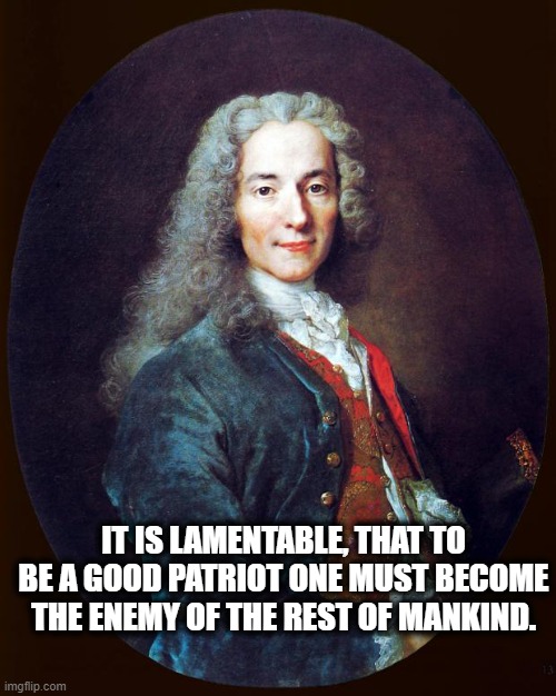 It is lamentable | IT IS LAMENTABLE, THAT TO BE A GOOD PATRIOT ONE MUST BECOME THE ENEMY OF THE REST OF MANKIND. | image tagged in voltaire,memes,politics,patriotism | made w/ Imgflip meme maker