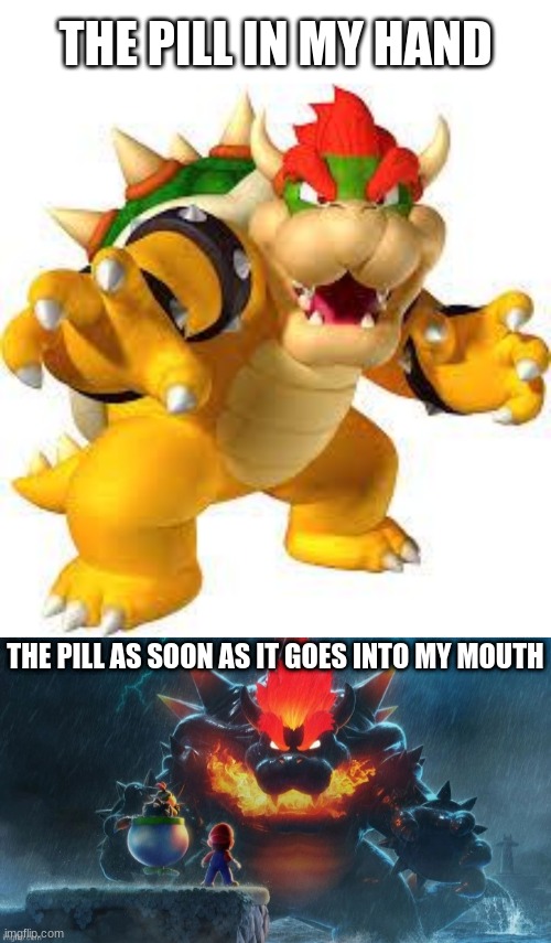 THE PILL IN MY HAND; THE PILL AS SOON AS IT GOES INTO MY MOUTH | image tagged in bowser,bowser's fury | made w/ Imgflip meme maker
