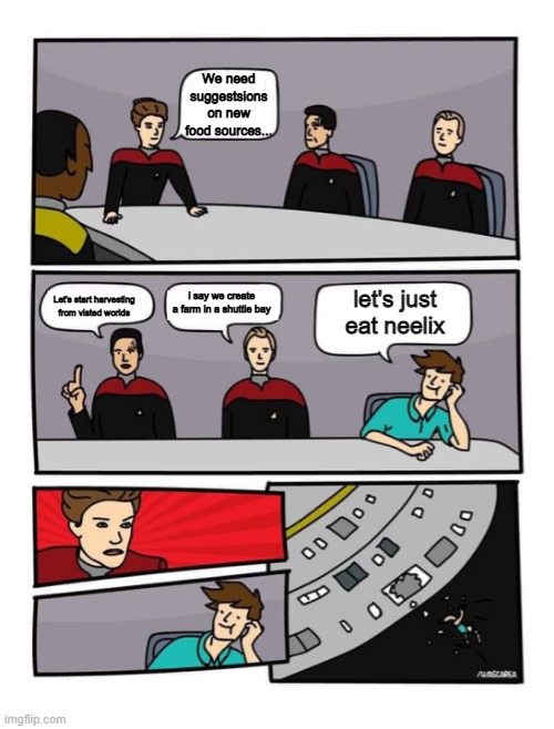 Not Much of a Meal | We need suggestsions on new food sources... i say we create a farm in a shuttle bay; let's just eat neelix; Let's start harvesting from visted worlds | image tagged in star trek voyager board meeting | made w/ Imgflip meme maker