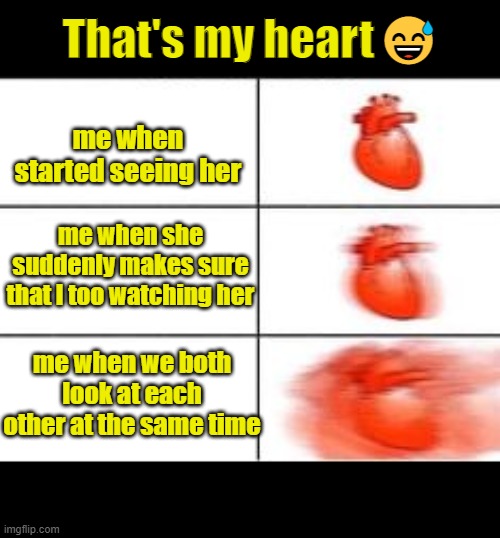 memes | That's my heart😅; me when started seeing her; me when she suddenly makes sure that I too watching her; me when we both look at each other at the same time | image tagged in so true memes,so true,funny because it's true,so true meme,too true,funny memes | made w/ Imgflip meme maker