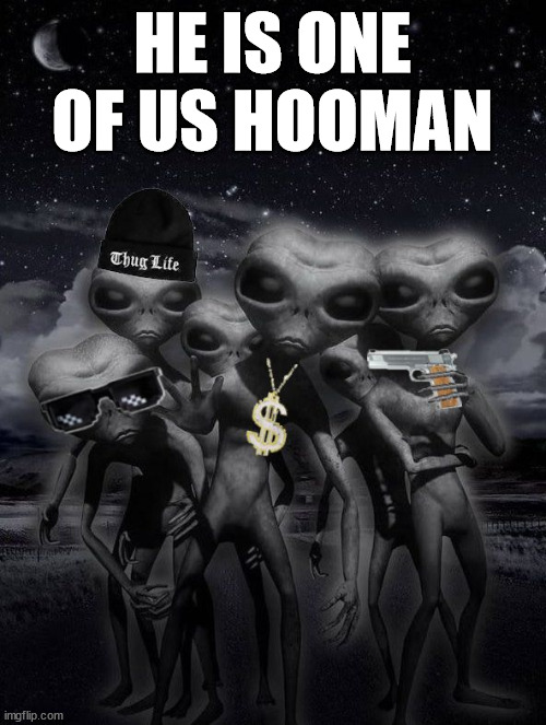 thug alien | HE IS ONE OF US HOOMAN | image tagged in thug alien | made w/ Imgflip meme maker