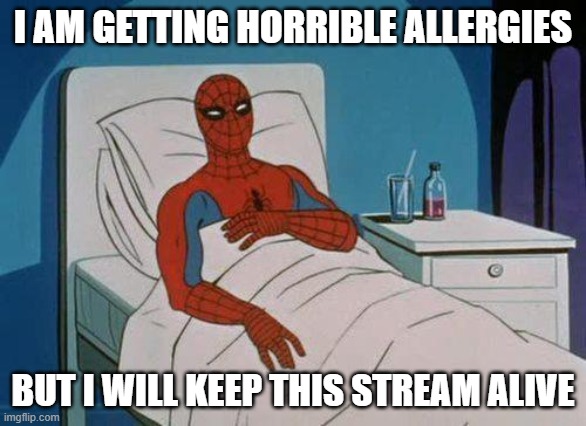 I am pretty sick |  I AM GETTING HORRIBLE ALLERGIES; BUT I WILL KEEP THIS STREAM ALIVE | image tagged in memes,spiderman hospital,spiderman | made w/ Imgflip meme maker