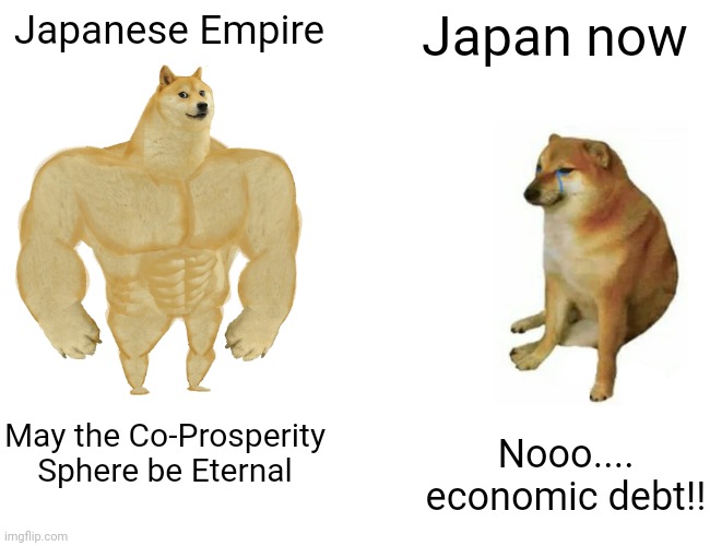 Japan | Japanese Empire; Japan now; May the Co-Prosperity Sphere be Eternal; Nooo.... economic debt!! | image tagged in memes,buff doge vs cheems | made w/ Imgflip meme maker