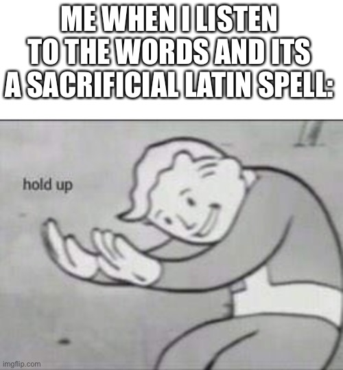 Fallout hold up with space on the top | ME WHEN I LISTEN TO THE WORDS AND ITS A SACRIFICIAL LATIN SPELL: | image tagged in fallout hold up with space on the top | made w/ Imgflip meme maker