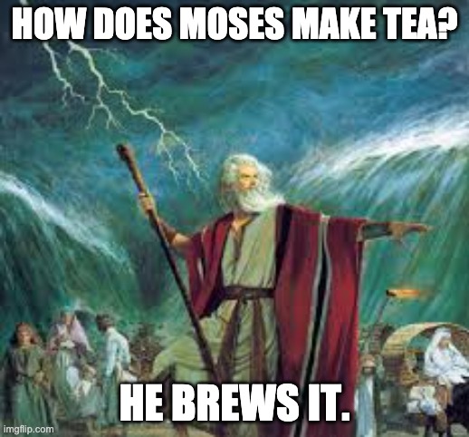 Moses | HOW DOES MOSES MAKE TEA? HE BREWS IT. | image tagged in moses | made w/ Imgflip meme maker
