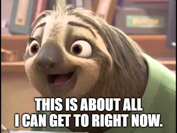 Feeling slow this morning | THIS IS ABOUT ALL I CAN GET TO RIGHT NOW. | image tagged in zootopia smiling sloth | made w/ Imgflip meme maker