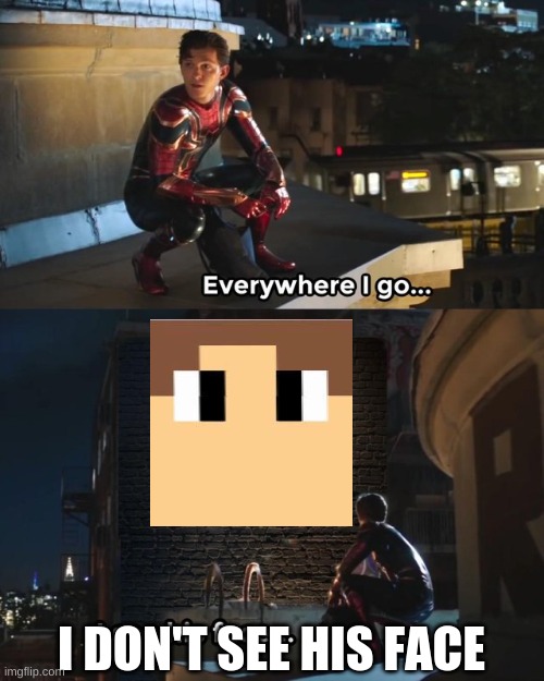 Everywhere I go I see his face | I DON'T SEE HIS FACE | image tagged in everywhere i go i see his face,spiderman,gaming,minecraft,funny,funny memes | made w/ Imgflip meme maker