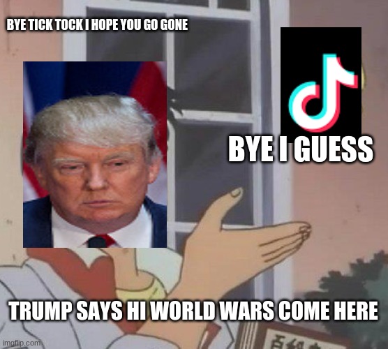 Trump WHY????? | BYE TICK TOCK I HOPE YOU GO GONE; BYE I GUESS; TRUMP SAYS HI WORLD WARS COME HERE | image tagged in memes,is this a pigeon | made w/ Imgflip meme maker