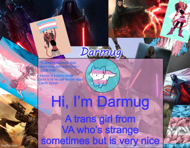 Darmug's announcement template | Hi, I’m Darmug; A trans girl from VA who’s strange sometimes but is very nice | image tagged in darmug's announcement template | made w/ Imgflip meme maker