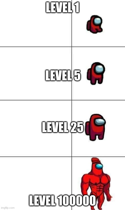 Increasingly Buff Red Crewmate | LEVEL 1; LEVEL 5; LEVEL 25; LEVEL 100000 | image tagged in increasingly buff red crewmate | made w/ Imgflip meme maker