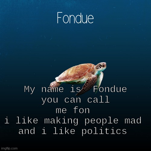 wth is this trend? | My name is  Fondue
you can call me fon 
i like making people mad 
and i like politics | image tagged in turtle template-fondue | made w/ Imgflip meme maker