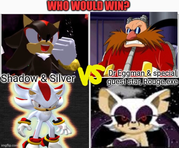 Blank Comic Panel 2x2 Meme | Shadow & Silver Dr Eggman & special guest star, Rouge.exe WHO WOULD WIN? | image tagged in memes,blank comic panel 2x2 | made w/ Imgflip meme maker