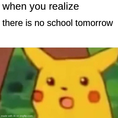 Surprised Pikachu Meme | when you realize; there is no school tomorrow | image tagged in memes,surprised pikachu | made w/ Imgflip meme maker