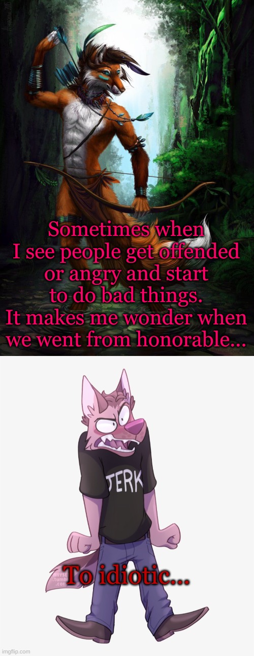 Be honorable and respectful in ALL situations. Don't contribute to the violence and stupidity. | Sometimes when I see people get offended or angry and start to do bad things. It makes me wonder when we went from honorable... To idiotic... | made w/ Imgflip meme maker