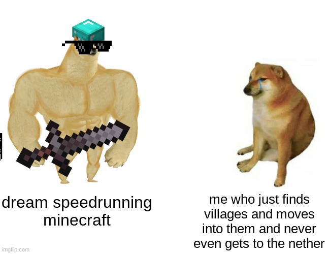 Buff Doge vs. Cheems Meme | dream speedrunning minecraft; me who just finds villages and moves into them and never even gets to the nether | image tagged in memes,buff doge vs cheems | made w/ Imgflip meme maker