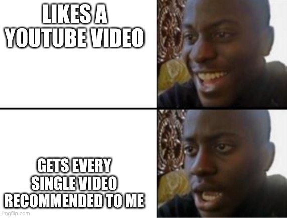 Oh yeah! Oh no... | LIKES A YOUTUBE VIDEO; GETS EVERY SINGLE VIDEO RECOMMENDED TO ME | image tagged in oh yeah oh no | made w/ Imgflip meme maker