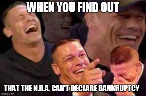 john cena laughing | WHEN YOU FIND OUT; THAT THE N.R.A. CAN'T DECLARE BANKRUPTCY | image tagged in john cena laughing | made w/ Imgflip meme maker