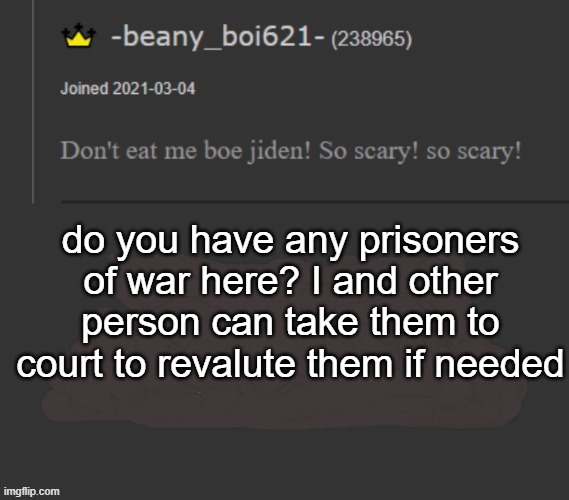 beany | do you have any prisoners of war here? I and other person can take them to court to revalute them if needed | image tagged in beany | made w/ Imgflip meme maker