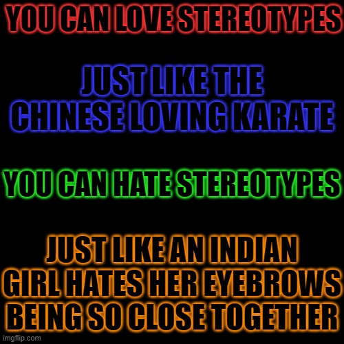 Stereotypes I've heard | YOU CAN LOVE STEREOTYPES; JUST LIKE THE CHINESE LOVING KARATE; YOU CAN HATE STEREOTYPES; JUST LIKE AN INDIAN GIRL HATES HER EYEBROWS BEING SO CLOSE TOGETHER | image tagged in memes,blank transparent square | made w/ Imgflip meme maker