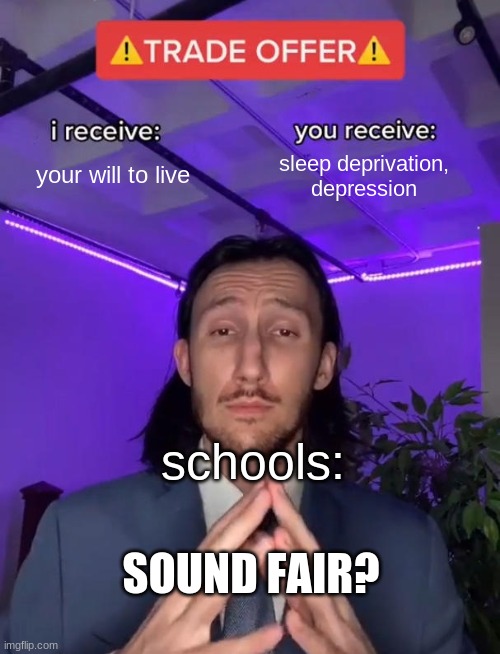 litterally every school | your will to live; sleep deprivation, depression; schools:; SOUND FAIR? | image tagged in trade offer | made w/ Imgflip meme maker