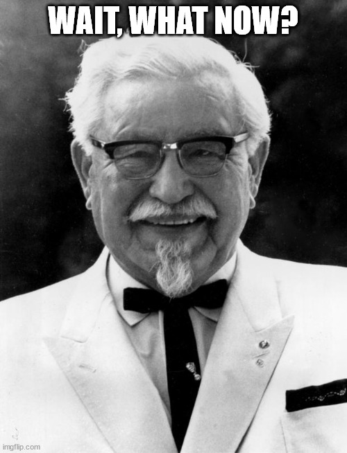 KFC Colonel Sanders | WAIT, WHAT NOW? | image tagged in kfc colonel sanders | made w/ Imgflip meme maker