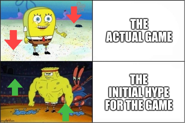 black ops clod war in a nutshell | THE ACTUAL GAME; THE INITIAL HYPE FOR THE GAME | image tagged in weak vs strong spongebob | made w/ Imgflip meme maker