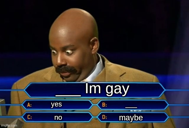 Who wants to be a millionaire? | ___ Im gay; yes; ___; maybe; no | image tagged in who wants to be a millionaire | made w/ Imgflip meme maker