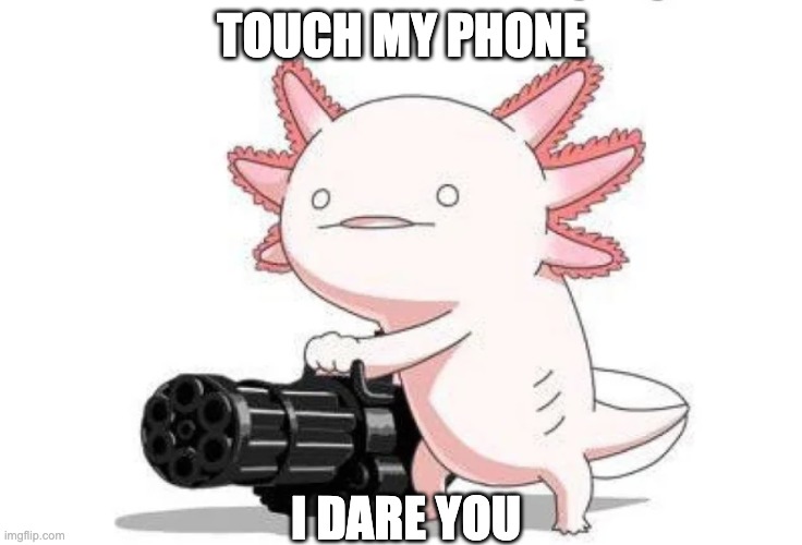 Axolotl | TOUCH MY PHONE; I DARE YOU | image tagged in memes | made w/ Imgflip meme maker