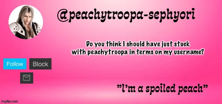 peachytroopa-sephiroth | Do you think I should have just stuck with peachytroopa in terms on my username? | image tagged in peachytroopa-sephiroth | made w/ Imgflip meme maker