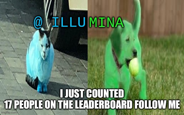 illumina new temp | I JUST COUNTED
17 PEOPLE ON THE LEADERBOARD FOLLOW ME | image tagged in illumina new temp | made w/ Imgflip meme maker