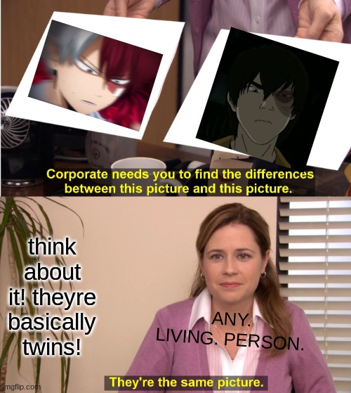 they are twins | think about it! theyre basically twins! ANY. LIVING. PERSON. | image tagged in memes,they're the same picture,todoroki,zuko,anime,twins | made w/ Imgflip meme maker