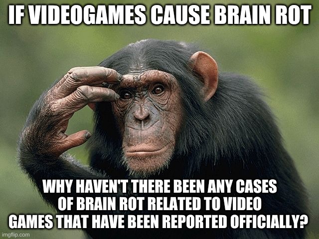 Thinking monkey | IF VIDEOGAMES CAUSE BRAIN ROT; WHY HAVEN'T THERE BEEN ANY CASES OF BRAIN ROT RELATED TO VIDEO GAMES THAT HAVE BEEN REPORTED OFFICIALLY? | image tagged in thinking monkey | made w/ Imgflip meme maker