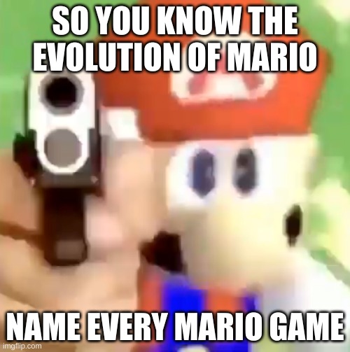 Name Every Mario Game | SO YOU KNOW THE EVOLUTION OF MARIO; NAME EVERY MARIO GAME | image tagged in mario with gun | made w/ Imgflip meme maker