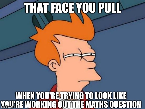 Look I don't know what this is | THAT FACE YOU PULL; WHEN YOU'RE TRYING TO LOOK LIKE YOU'RE WORKING OUT THE MATHS QUESTION | image tagged in memes,futurama fry | made w/ Imgflip meme maker