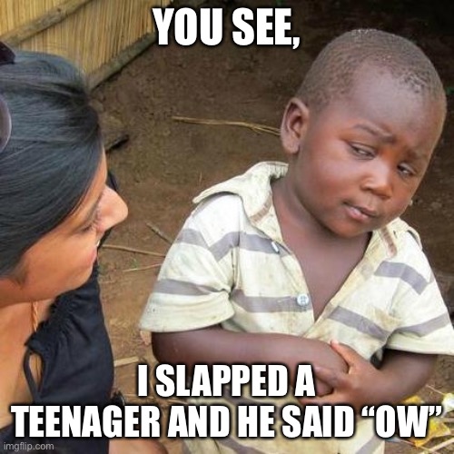 Little kids be like | YOU SEE, I SLAPPED A TEENAGER AND HE SAID “OW” | image tagged in memes,third world skeptical kid | made w/ Imgflip meme maker