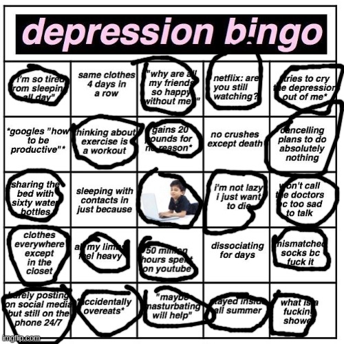 Depression bingo | image tagged in depression bingo | made w/ Imgflip meme maker