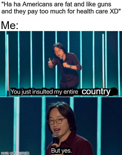 "Ha ha Americans are fat and like guns and they pay too much for health care XD"; Me:; country | image tagged in america | made w/ Imgflip meme maker