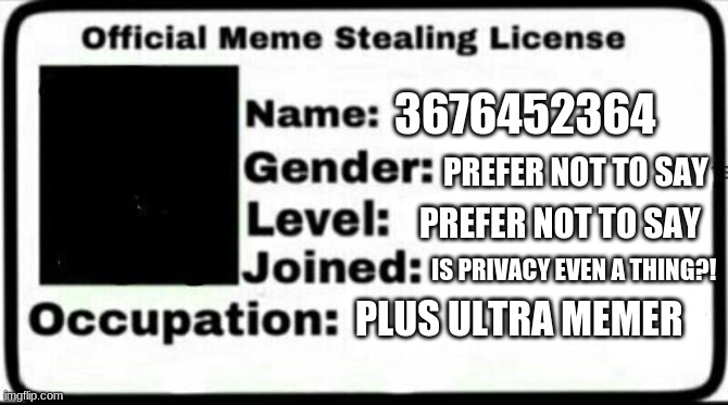 here is my license | 3676452364; PREFER NOT TO SAY; PREFER NOT TO SAY; IS PRIVACY EVEN A THING?! PLUS ULTRA MEMER | image tagged in meme stealing license | made w/ Imgflip meme maker