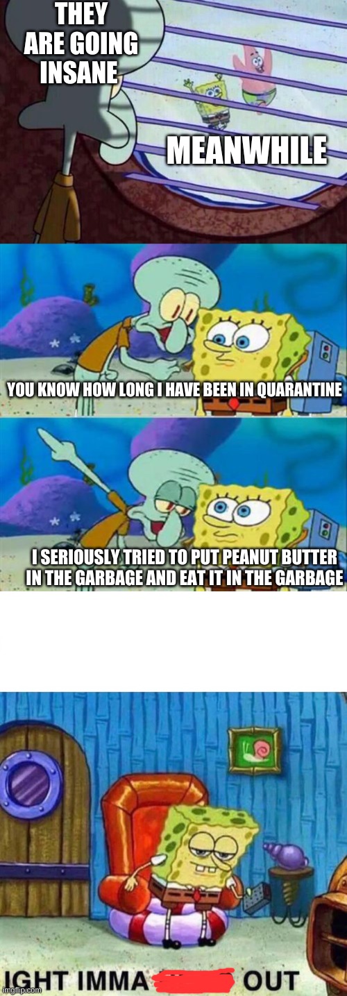 THEY ARE GOING INSANE; MEANWHILE; YOU KNOW HOW LONG I HAVE BEEN IN QUARANTINE; I SERIOUSLY TRIED TO PUT PEANUT BUTTER IN THE GARBAGE AND EAT IT IN THE GARBAGE | image tagged in squidward window,memes,talk to spongebob,spongebob ight imma head out | made w/ Imgflip meme maker