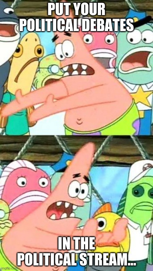 Put It Somewhere Else Patrick | PUT YOUR POLITICAL DEBATES; IN THE POLITICAL STREAM... | image tagged in memes,put it somewhere else patrick | made w/ Imgflip meme maker