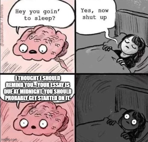 waking up brain | I THOUGHT I SHOULD REMIND YOU... YOUR ESSAY IS DUE AT MIDNIGHT. YOU SHOULD PROBABLY GET STARTED ON IT. | image tagged in waking up brain,school,essay,i'm screwed,the one thing everyone fears | made w/ Imgflip meme maker