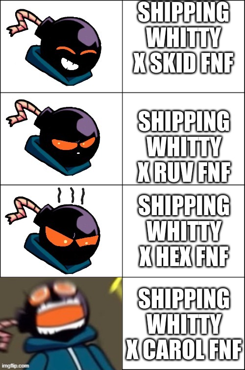level of anger (Whitty) | SHIPPING WHITTY X SKID FNF; SHIPPING WHITTY X RUV FNF; SHIPPING WHITTY X HEX FNF; SHIPPING WHITTY X CAROL FNF | image tagged in level of anger whitty | made w/ Imgflip meme maker