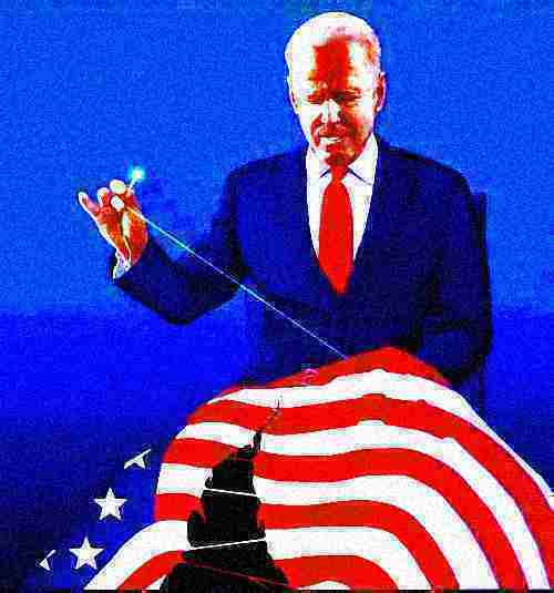 Joe Biden stitching american flag deep-fried 2 Blank Meme Template