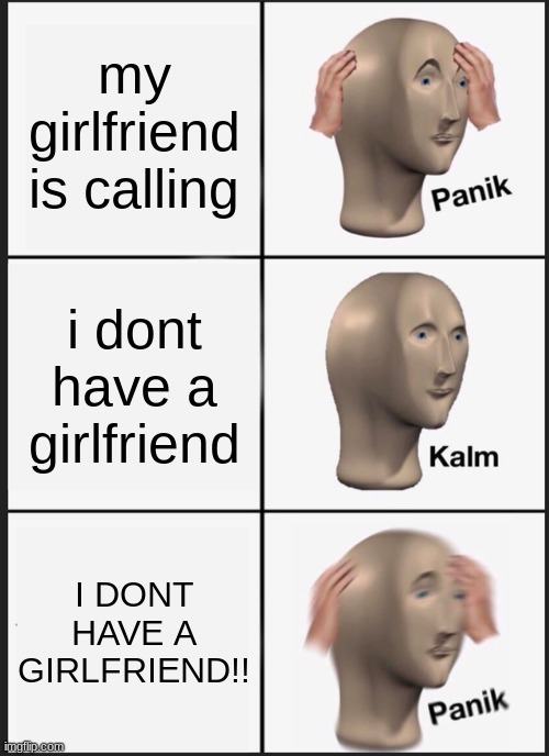 i dont have a girlfriend | my girlfriend is calling; i dont have a girlfriend; I DONT HAVE A GIRLFRIEND!! | image tagged in memes,panik kalm panik | made w/ Imgflip meme maker