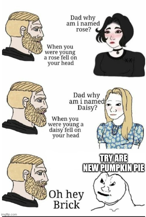 oh hey brick | TRY ARE NEW PUMPKIN PIE | image tagged in oh hey brick | made w/ Imgflip meme maker