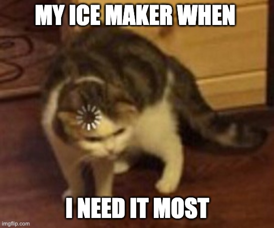 Literally my ice machine | MY ICE MAKER WHEN; I NEED IT MOST | image tagged in loading cat | made w/ Imgflip meme maker