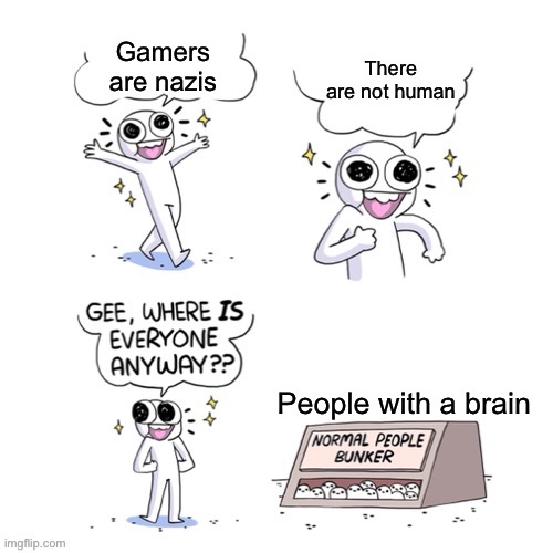 normal people bunker | Gamers are nazis; There are not human; People with a brain | image tagged in normal people bunker | made w/ Imgflip meme maker