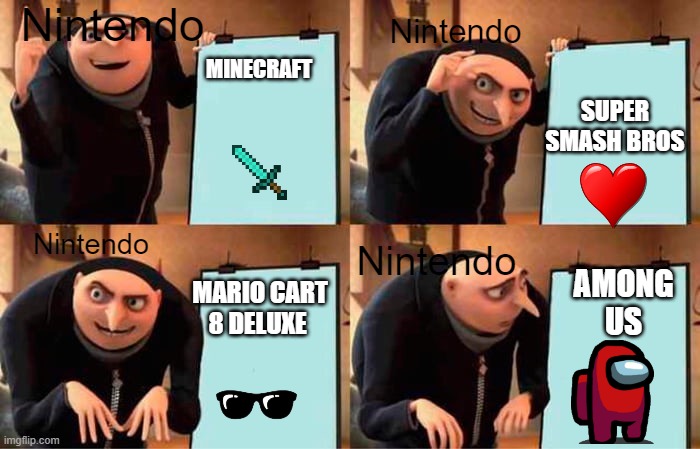 Gru's Plan | Nintendo; Nintendo; MINECRAFT; SUPER SMASH BROS; Nintendo; Nintendo; AMONG US; MARIO CART 8 DELUXE | image tagged in memes,gru's plan | made w/ Imgflip meme maker