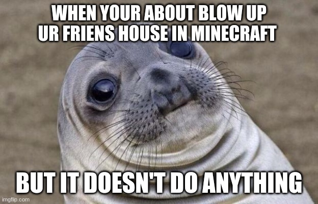 Prank Fail | WHEN YOUR ABOUT BLOW UP UR FRIENS HOUSE IN MINECRAFT; BUT IT DOESN'T DO ANYTHING | image tagged in memes,awkward moment sealion,minecraft | made w/ Imgflip meme maker