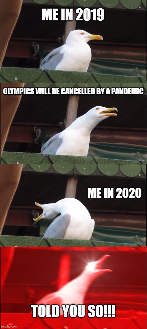 Inhaling Seagull Meme | ME IN 2019; OLYMPICS WILL BE CANCELLED BY A PANDEMIC; ME IN 2020; TOLD YOU SO!!! | image tagged in memes,inhaling seagull | made w/ Imgflip meme maker